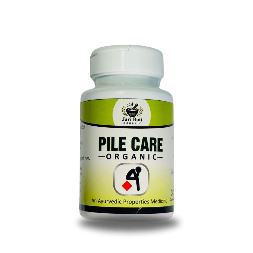 Bottle labeled 'Pile Care Organic' on a white background
